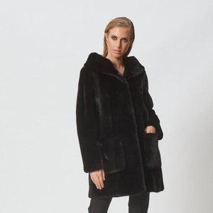 Black Mink Fur Jacket with Hood and External Pockets