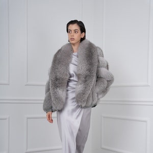 Gray Fox Fur Jacket. 100% Real Fox Fur