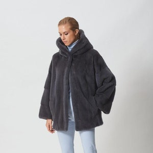 Dark Gray Mink Short Fur Jacket with Hood