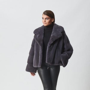 Dark Gray Mink Fur Short Relaxed Fit Jacket