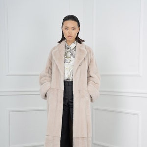 Ivory Mink Long Fur Coat with Notched Collar