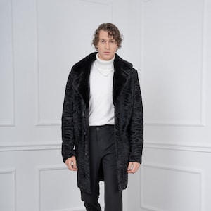Men&#39;s Black Swakara Fur Coat with Button Closure