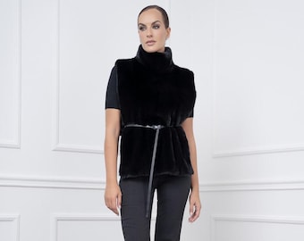 Black Mink Fur Frontshirt with Shoulder Zipper