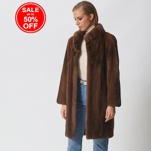 Brown Mink Fur Straight Jacket with Stand Collar Made of 100% Real Mink Fur