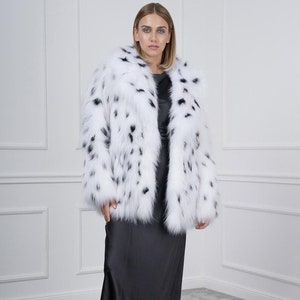 White Fox Fur Jacket with Black Pois. 100% Genuine Fox Fur
