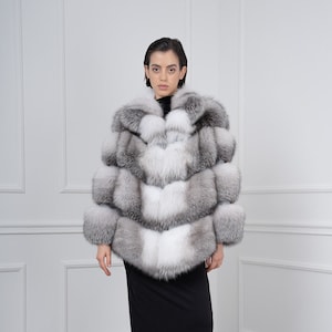 Gray and White Fox Fur Jacket. 100% Real Fox Fur