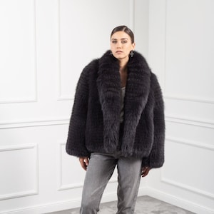 Dark Gray Fox Fur Short Jacket with Shawl Collar