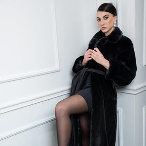 Black Mink Oversized Coat with Notched Collar