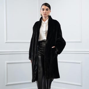 Black Mink Oversized Fur Coat with Shawl Collar