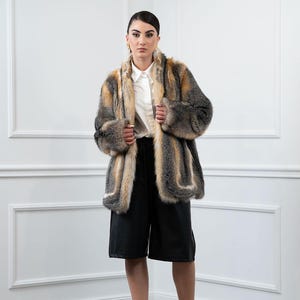 Gray Fox Fur Jacket with Stand Shawl Collar