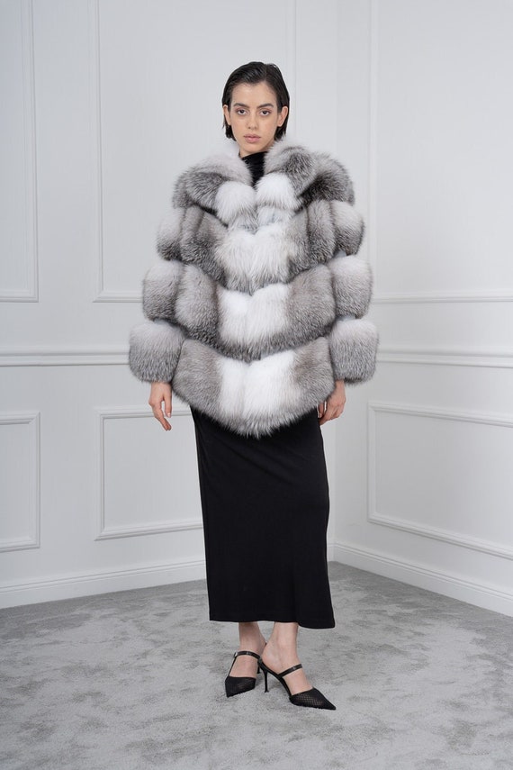 Gray and White Fox Fur Jacket: Real Fur Coat - Etsy