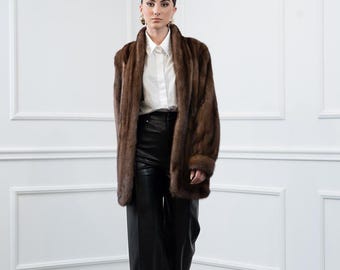 Vintage Brown Mink Fur Jacket with Shawl Collar