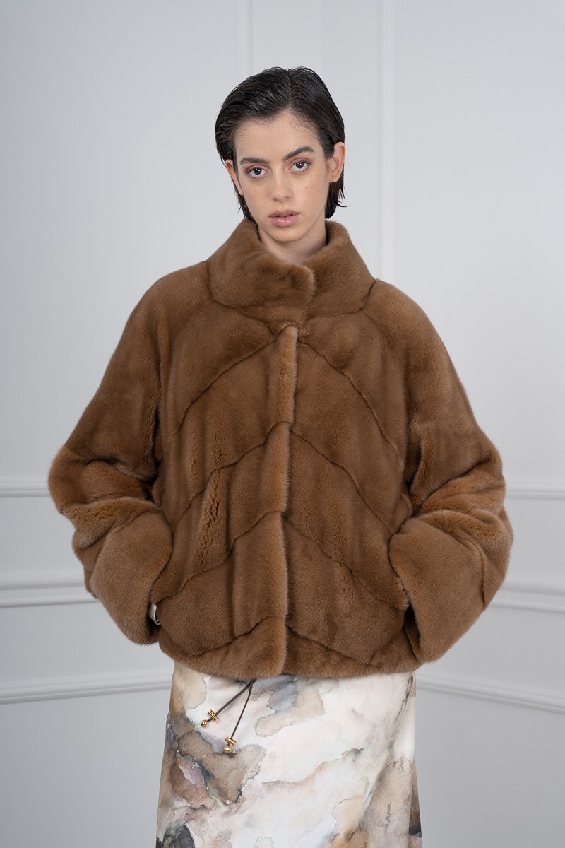 Veste En Vison Véritable Couleur Camel - Taille L, Doublure Soie, Vintage, Occasion Très Bon état