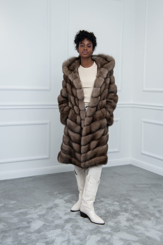 Lavander Sable Fur Coat With Hood Made of 100% Real Fur. Zibellina