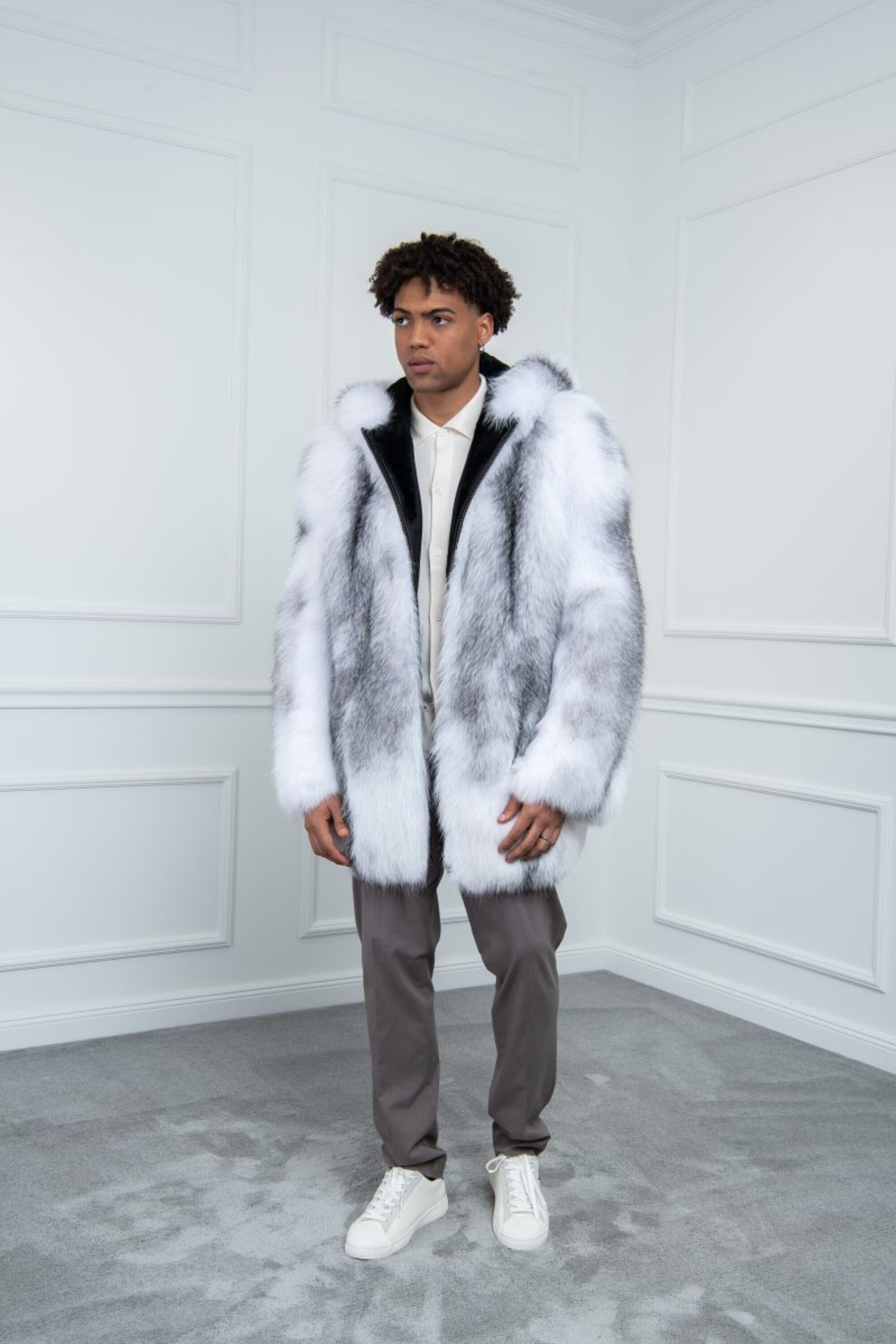 Men's Arctic Fox Fur Jacket with Hood Made of 100% Real Fur