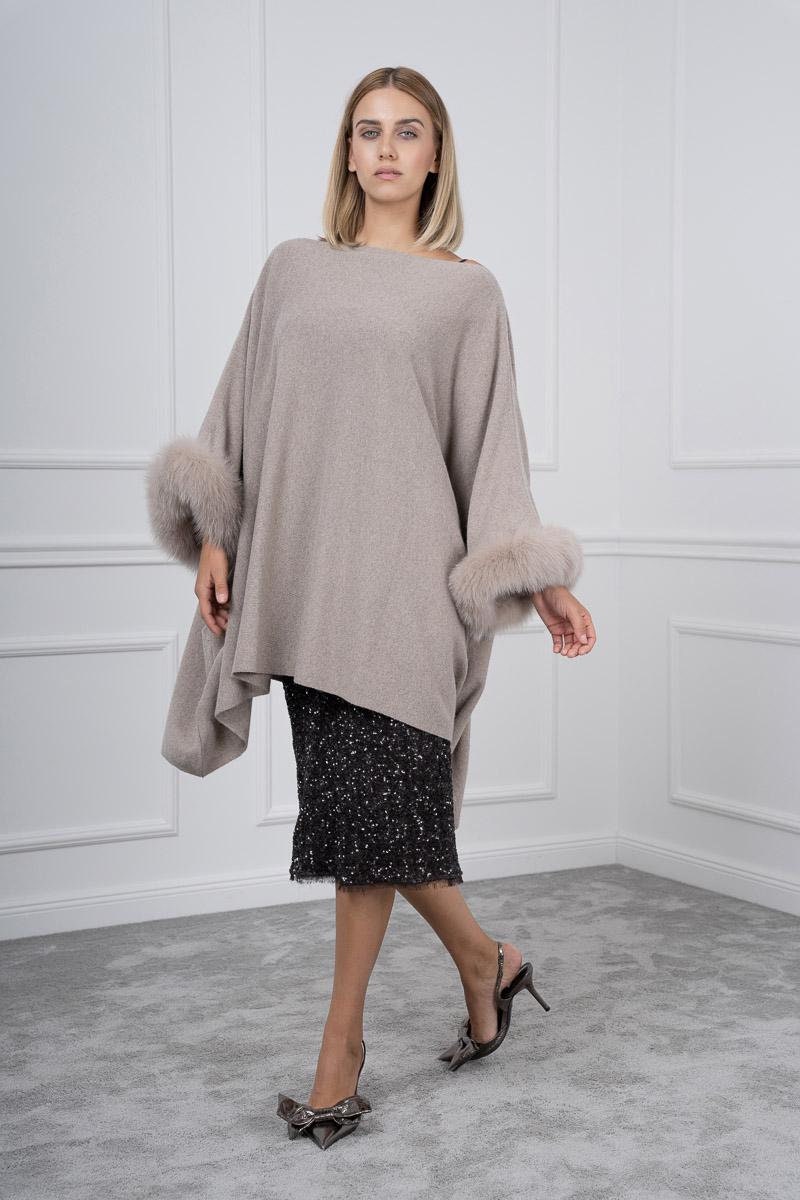 Beige Cashmere & Wool Poncho with Real Fox Fur