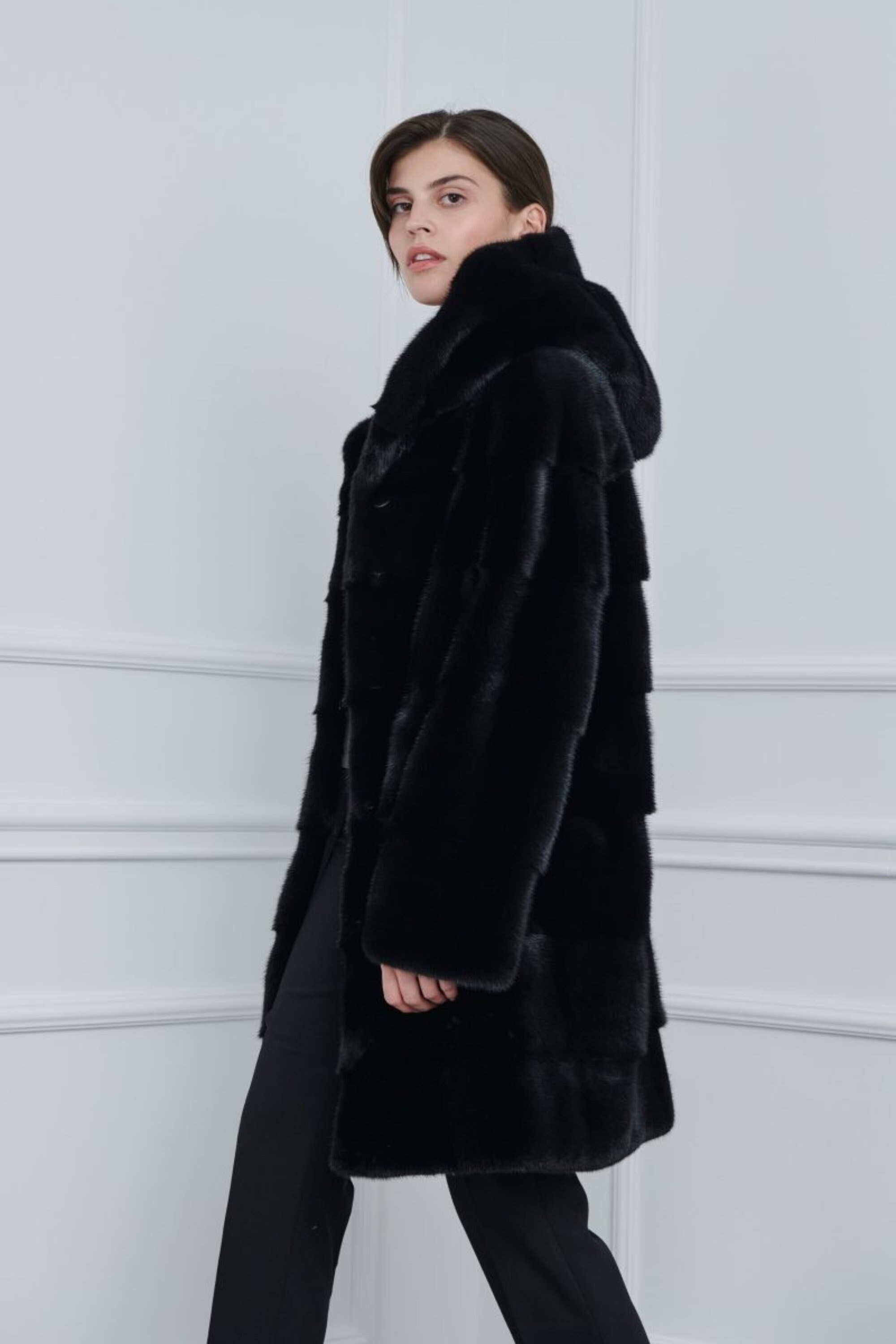 コート PLAIN FW25 FAKE MINK FUR JACKET (JJ25068 BLACK) Black Mink Fur Long Jacket With Hood Made of 100% Real Mink
