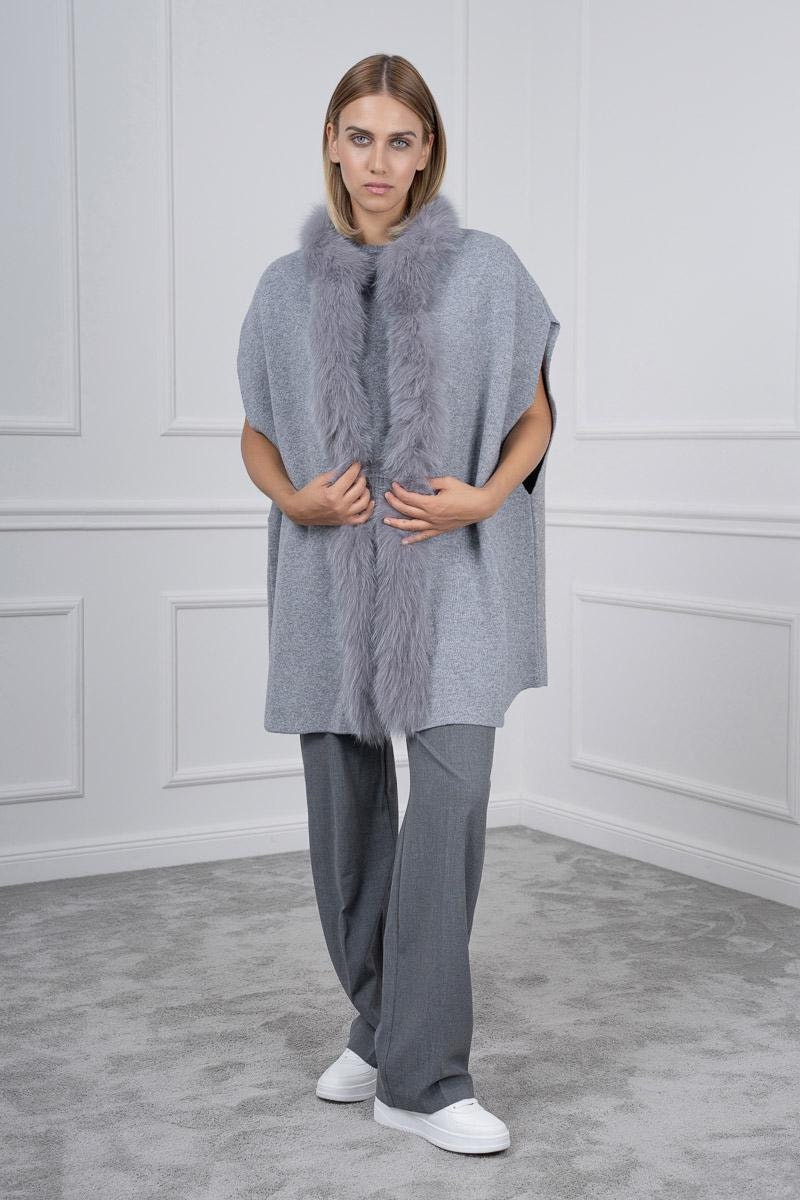 Gray Cashmere & Wool Cape with Real Fox Fur