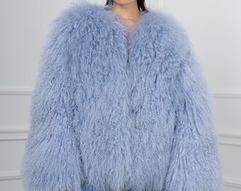 コート PLAIN FW25 COLLARLESS LAMB FUR JACKET (JJ25072 DKBROWN) Light Blue Mongolian Lamb Fur Collarless Jacket - Etsy