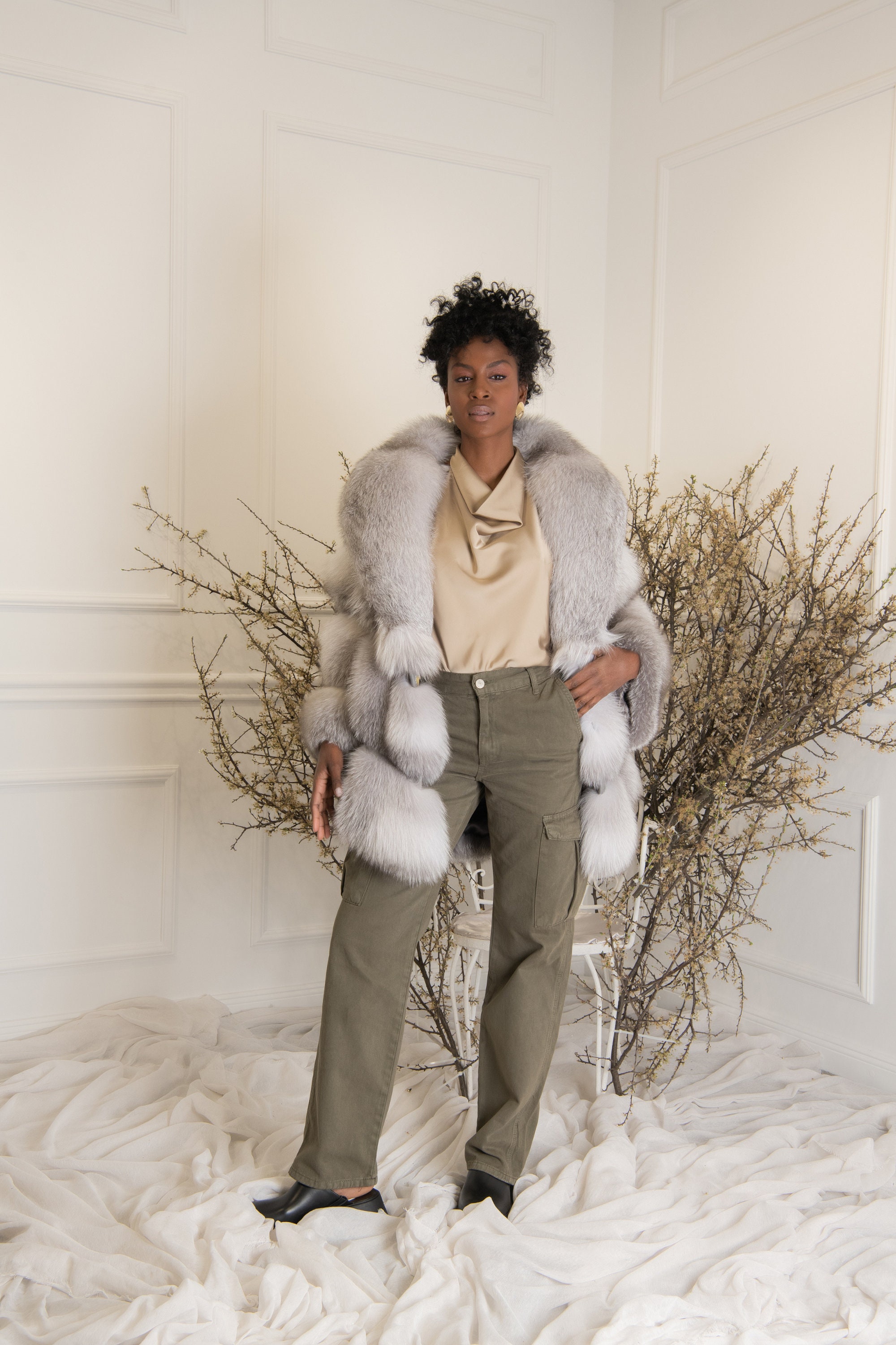 Manteau Fourrure Renard Gris Et Blanc - Taille XL, Col Châle, Doublure Soie Et Coton, Neuf