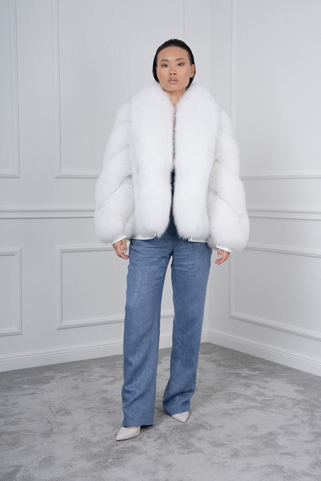 White Fox Fur Short Jacket: Shawl Collar, Saga Furs - Etsy