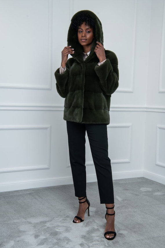 Olive Echtpelz Kapuze Damen Parka Jacke Echtpelz Parka Olive Damen