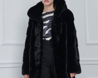 コート PLAIN FW25 FAKE MINK FUR JACKET (JJ25068 BLACK) Black Mink Fur Long Jacket With Hood Made of 100% Real Mink