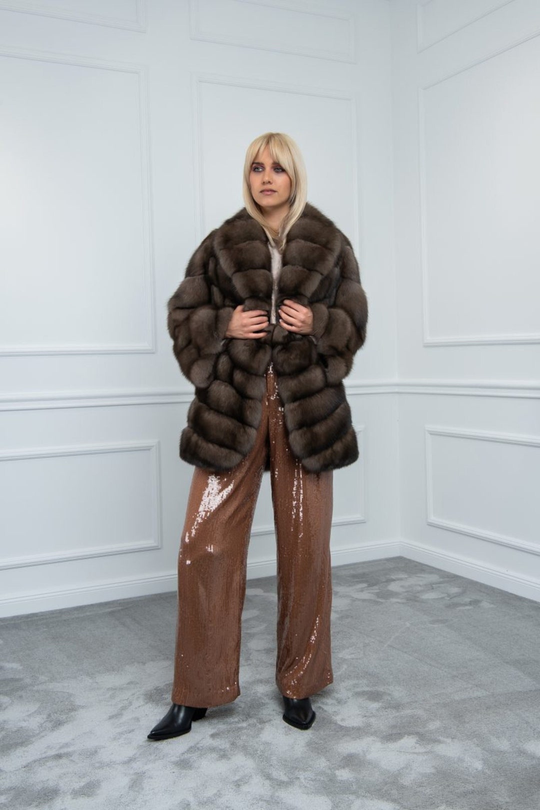 Platinum Sable Fur Jacket With Parquet Sleeve Made of 100