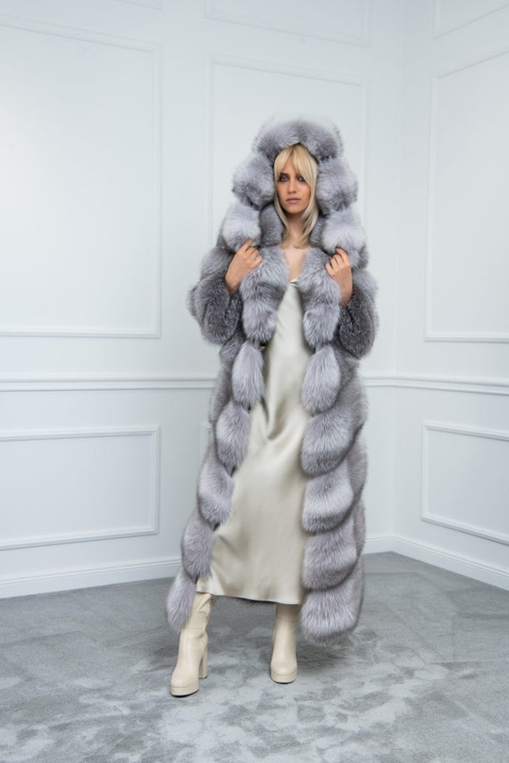 Gray Fox Fur Coat With Hood Made of 100% Real Fur - Etsy