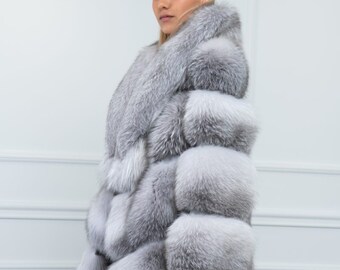 Veste En Fourrure Véritable De Renard Gris - Taille 36, Doublure Polyester - Occasion Très Bon état