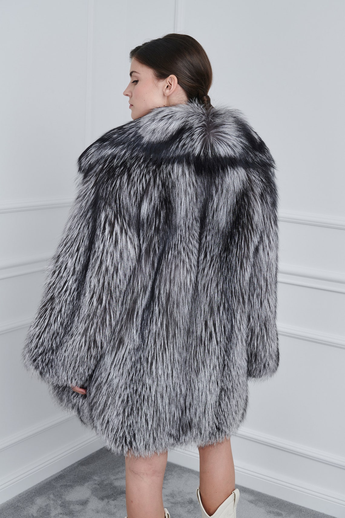 Silver Fox Fur Jacket With Rever Collar. Real Fox Fur Coat. - Etsy