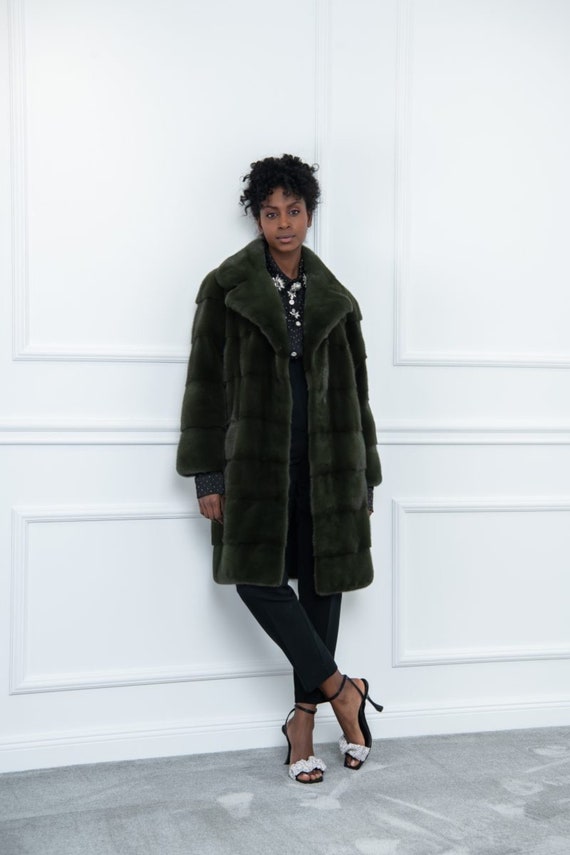 Dark Olive Green Mink Fur Jacket With Rever Collar Made of 100 Real Fur Etsy
