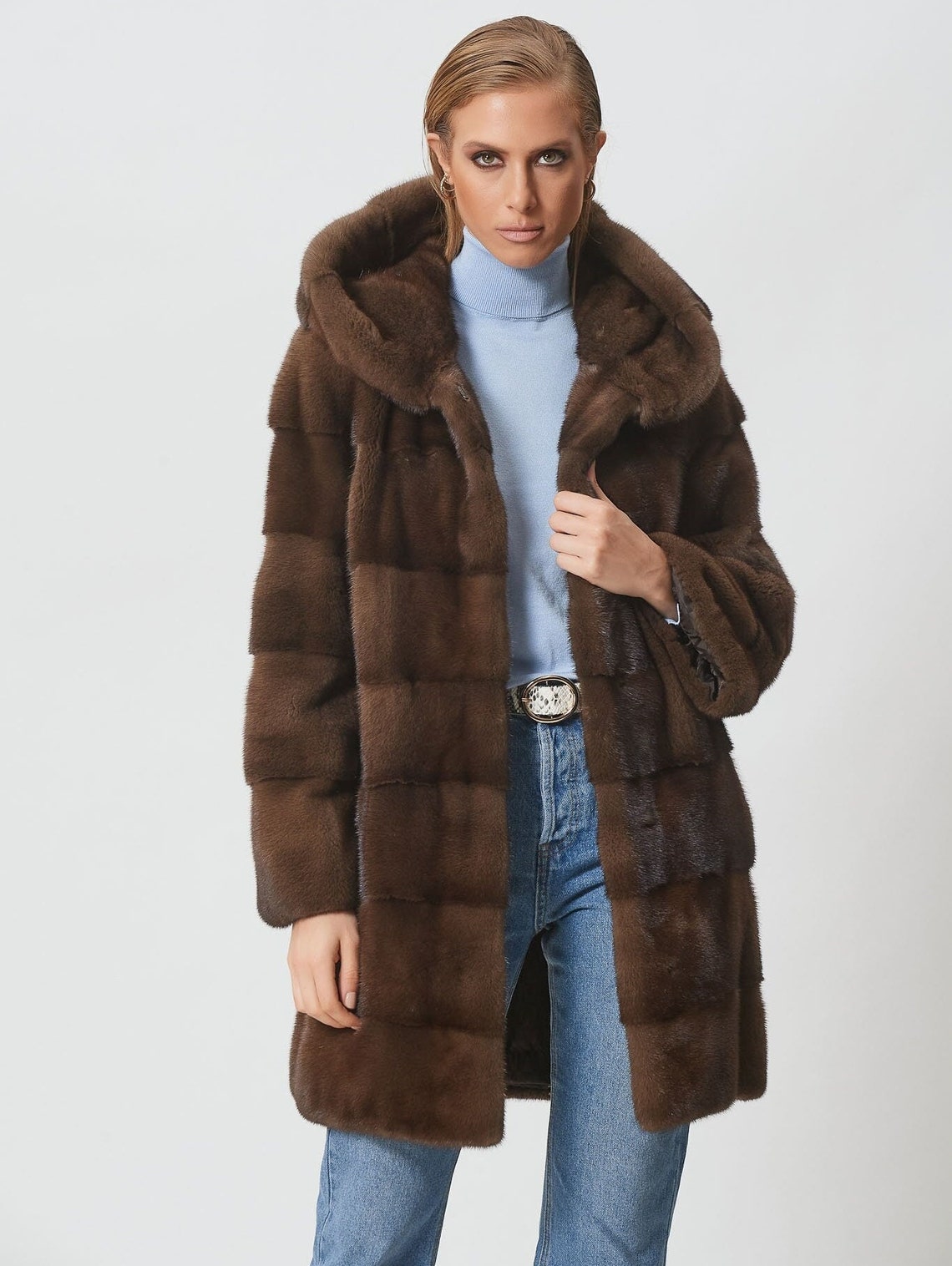 Brown Mink Fur Jacket With Hood Made of 100% Real Fur - Etsy