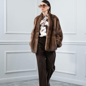 Vintage Βrown Mink Fur Short Jacket with Stand Shawl Collar