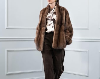 Vintage Βrown Mink Fur Short Jacket with Stand Shawl Collar