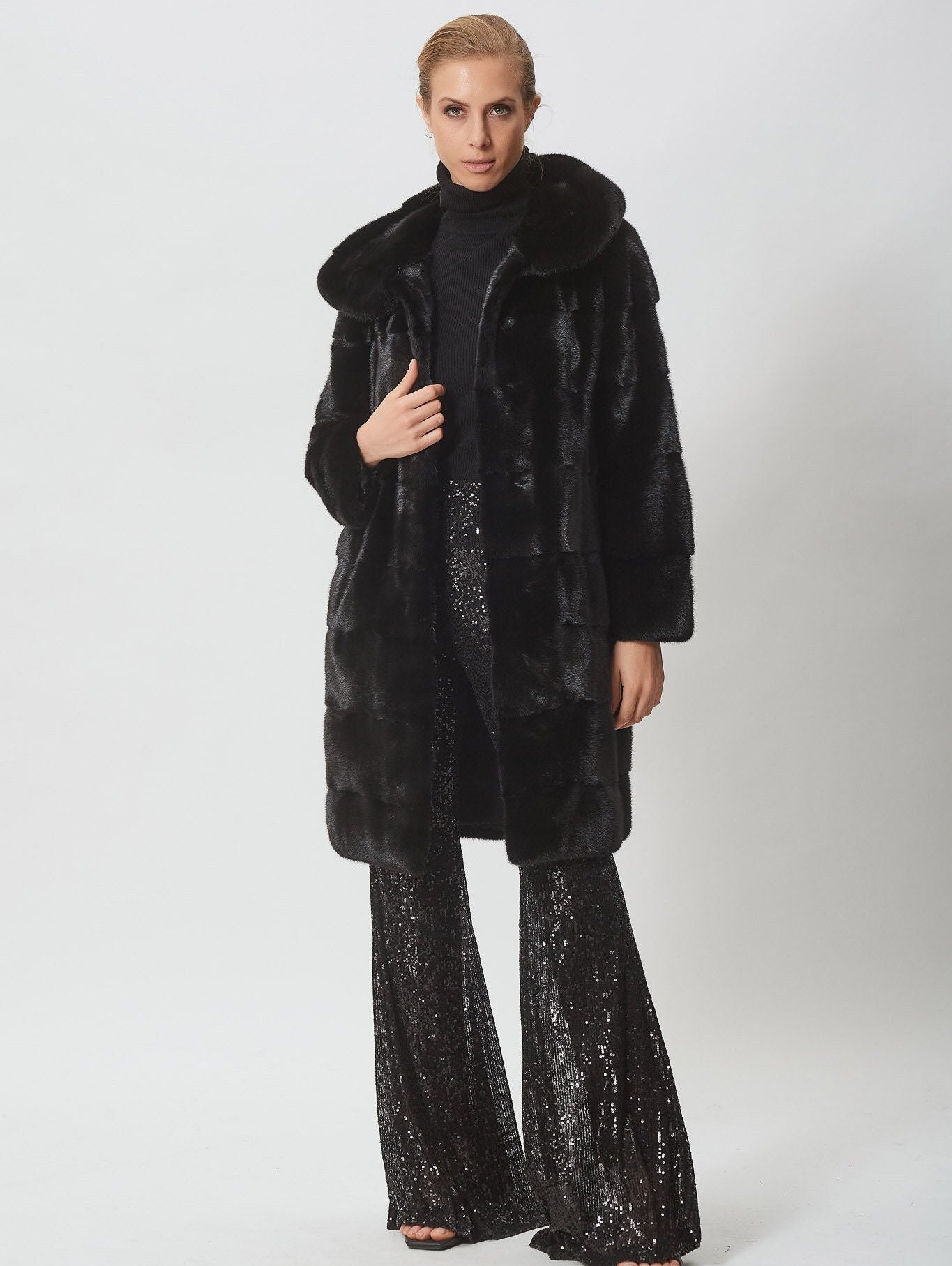 Black Mink Fur Jacket with Hood Made of 100% Real Mink Fur