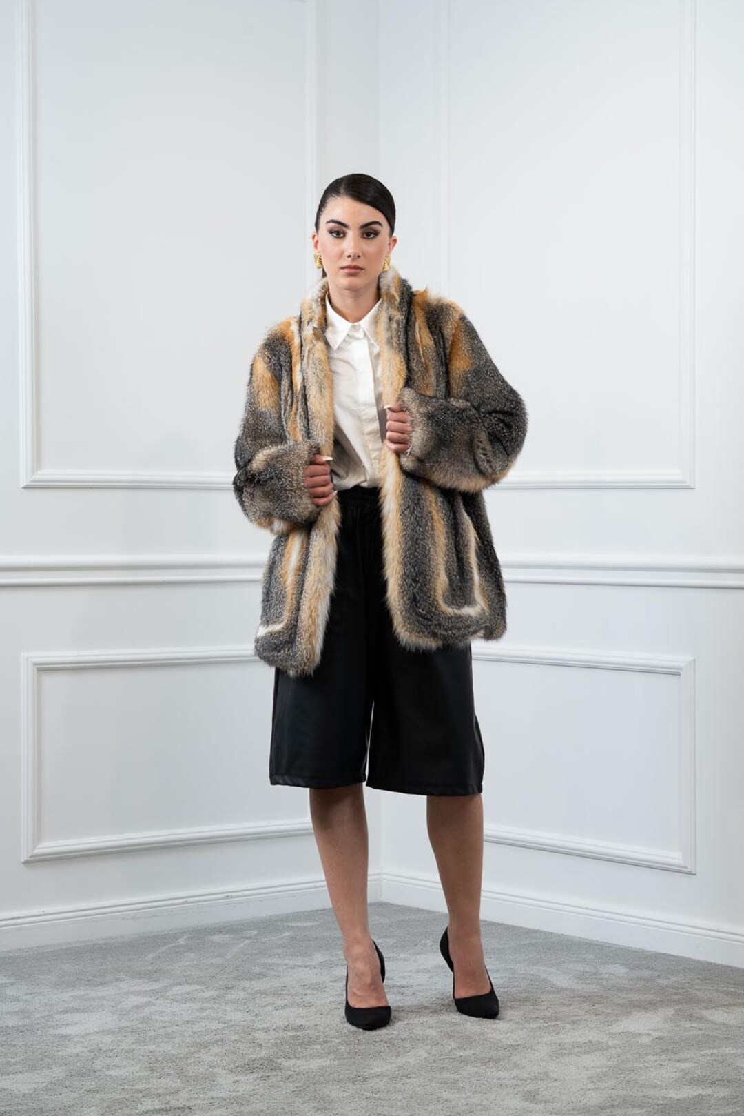 Gray Fox Fur Jacket With Stand Shawl Collar - Etsy Norway