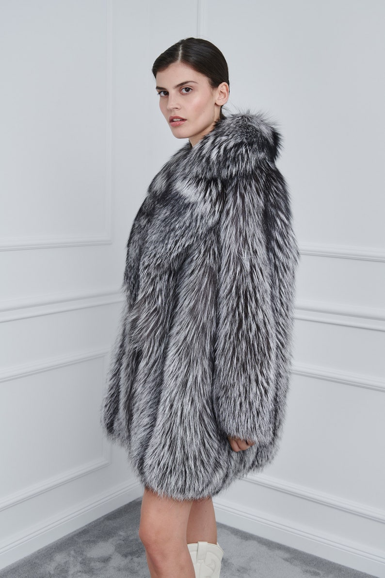 Silver Fox Fur Jacket With Rever Collar. Real Fox Fur Coat. Genuine Fox ...