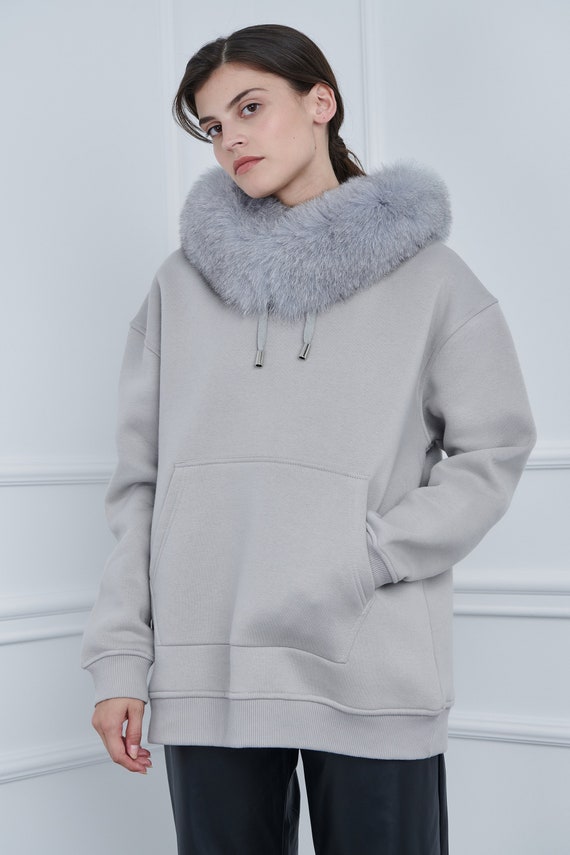 Light Gray Sweatshirt Hoodie With Fox Fur Made of 100% Real Fur - Etsy