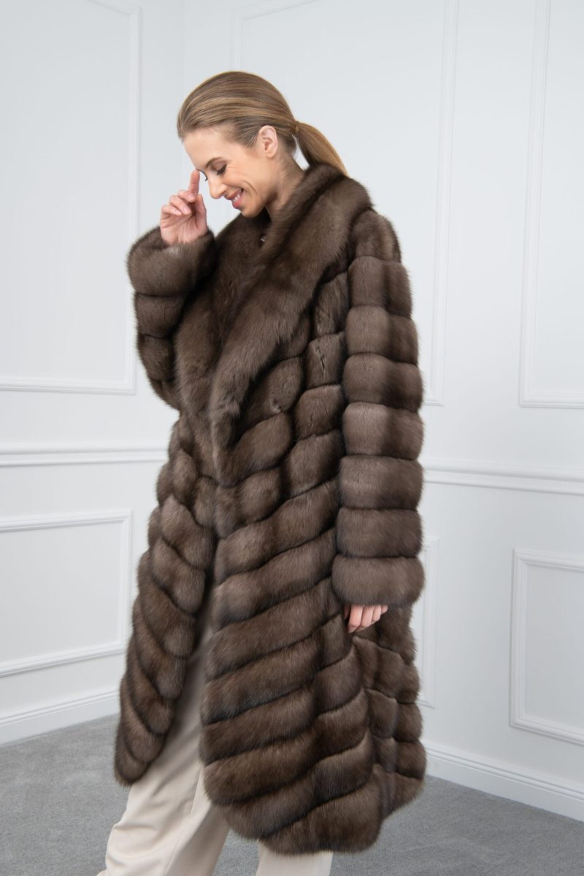 Platinum Sable Chevron Cut Fur Coat With Shawl Collar Made