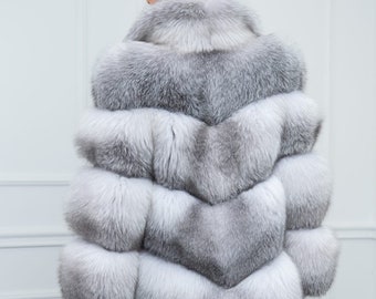 Manteau Fourrure Renard Gris Et Blanc - Taille XL - Col Châle - Neuf Sans étiquettes