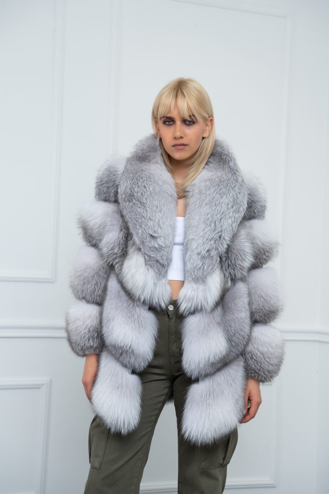Sapphire Frost Fox Fur Jacket With Shawl Collar Made of 100% Real Fur ...
