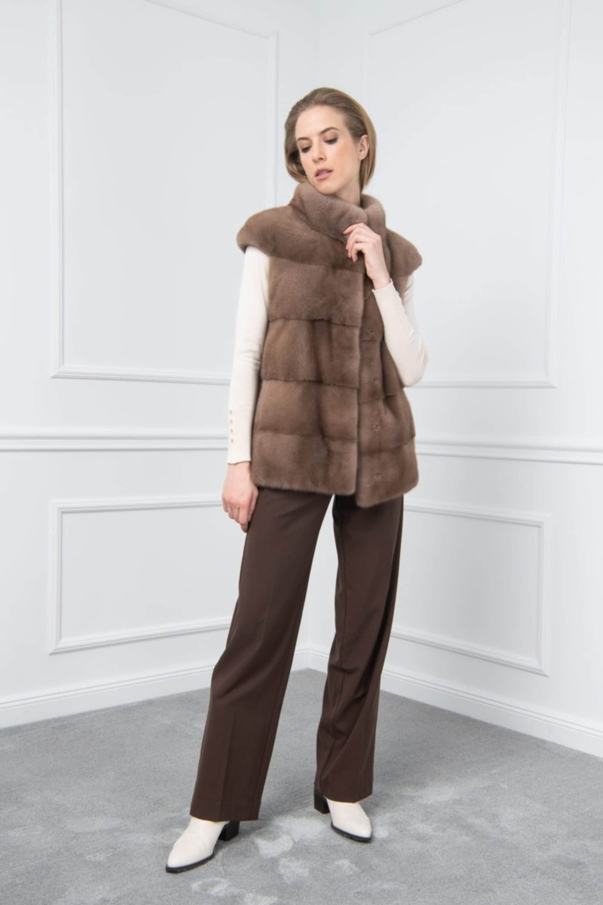 Adrienne Landau Size M Brown Rabbit Fur Pockets Longline Vest