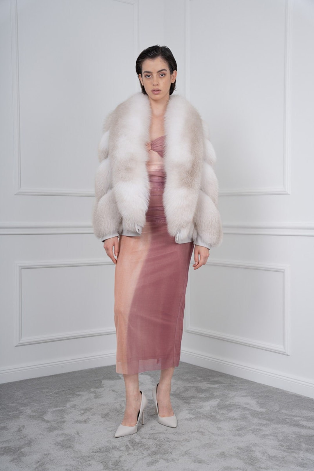 Beige Fox Fur Jacket: Saga Furs, Shawl Collar, Custom Made - Etsy