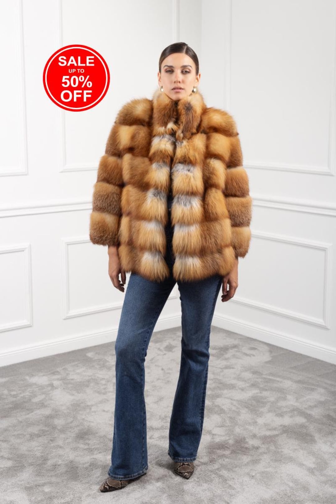 Canadian Red Fox Fur Jacket With Stand Collar New Zealand