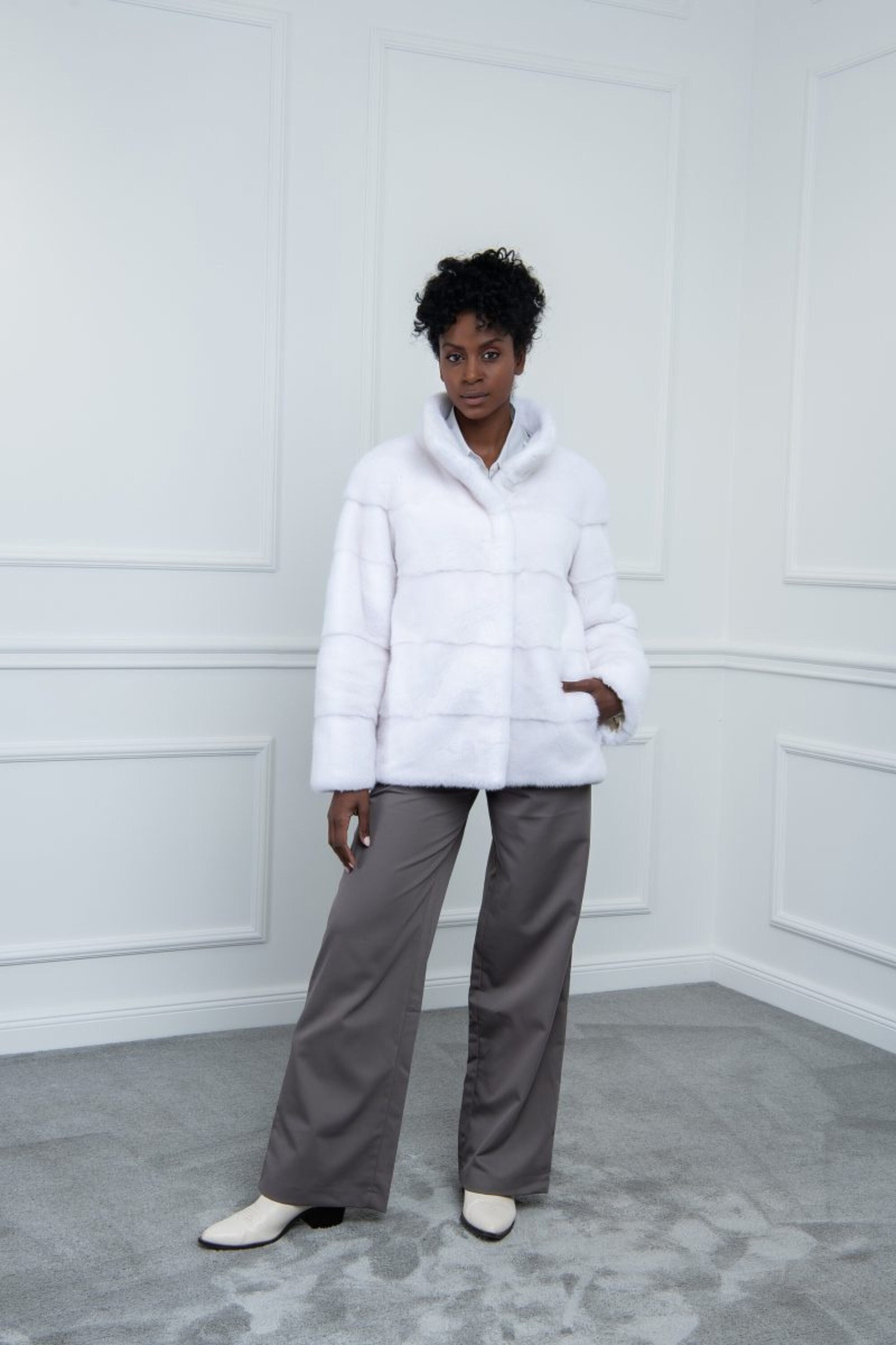 White Mink Fur Jacket With Stand Collar Made of 100% Real Fur - Etsy