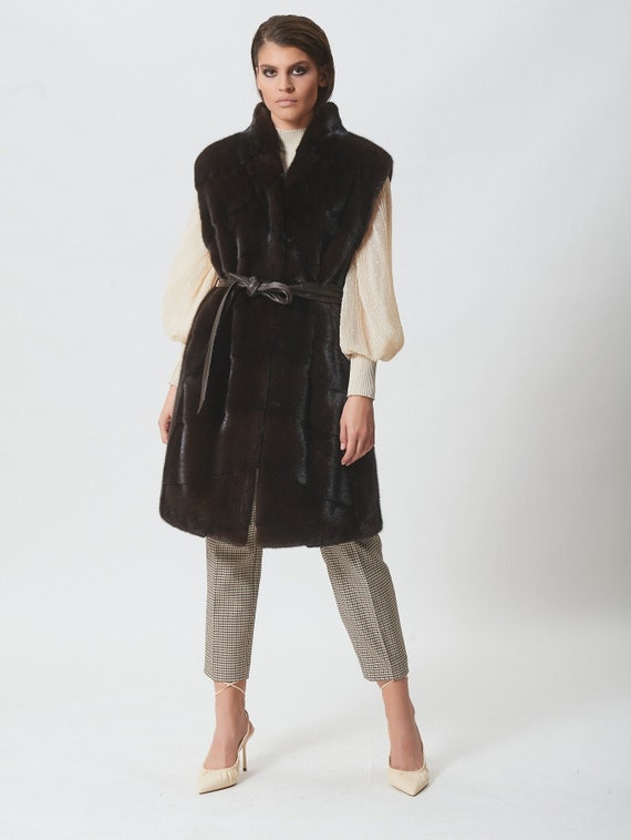 Mahogany Mink Fur Vest with Leather Belt Made of 100% Real Fur