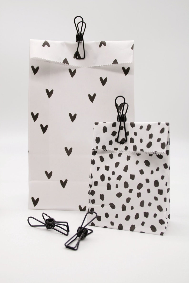 Bolso fondo bloque mediano diferentes motivos Embalaje, embalaje, envoltura de regalos Negro, blanco, corazones, puntos, puntos, bolsa de regalo. imagen 7