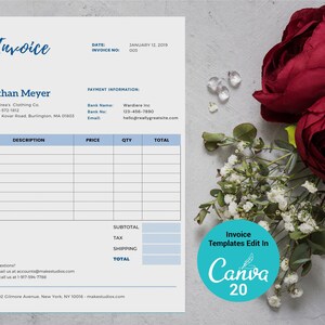 May include: A blue and white invoice template with the text "Invoice" at the top and "Invoice Templates Edit In Canva 20" at the bottom. The invoice is for Ethan Meyer and includes a section for payment information.