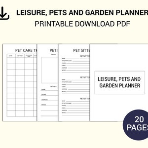 Pode incluir: Planificador PDF imprimível para lazer, animais de estimação e jardinagem. O planificador inclui seções para cuidados com animais de estimação, informações sobre animais de estimação e detalhes do cuidador de animais de estimação. A capa é branca com texto preto e um ícone de download. O planificador tem 20 páginas.